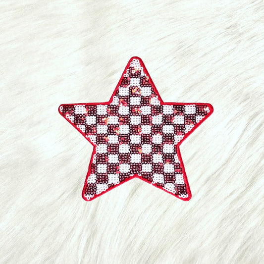 Checkered Star Red White Sequin Iron On Patch