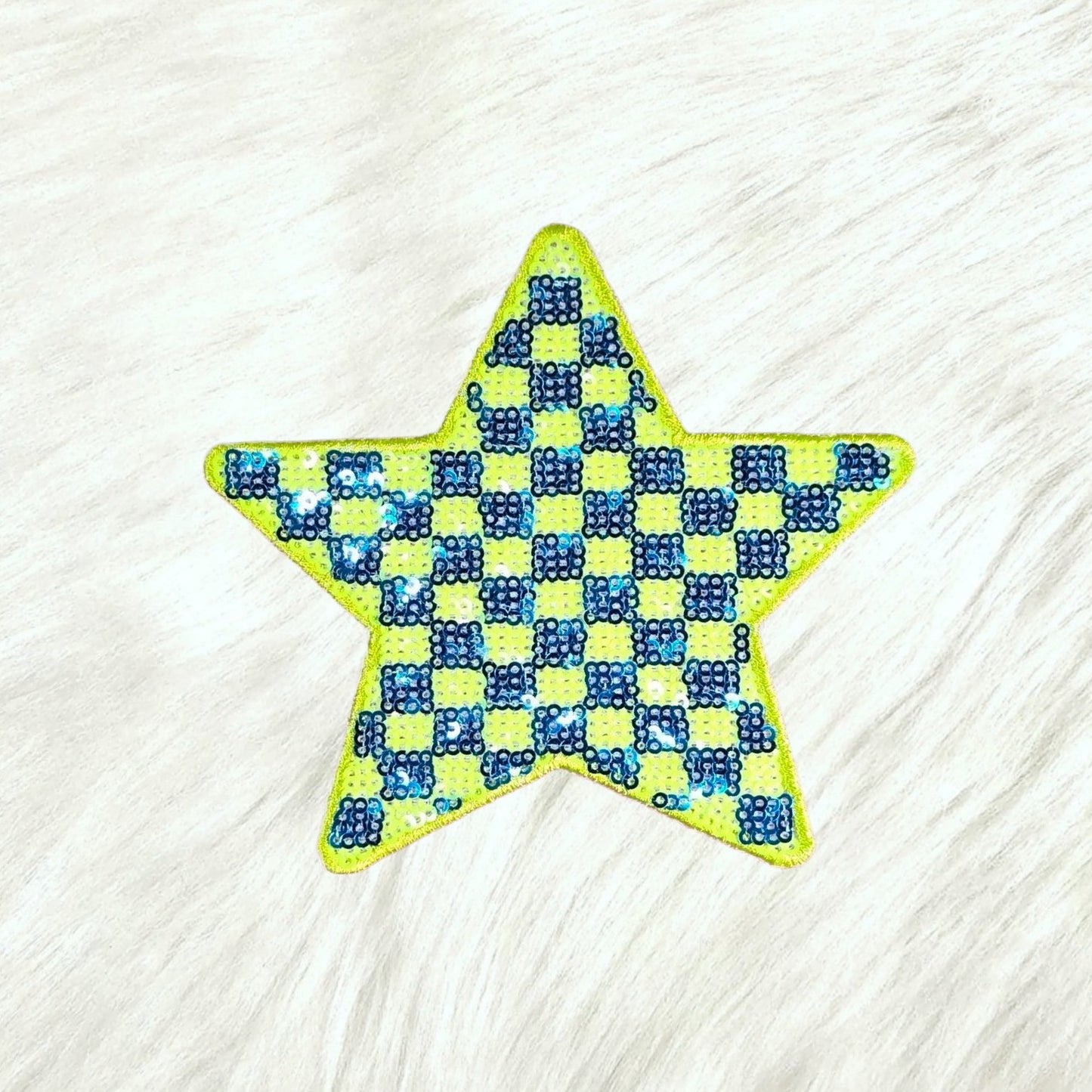 Checkered Star Green Blue Sequin Iron On Patch