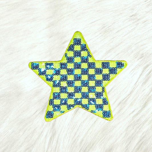 Checkered Star Green Blue Sequin Iron On Patch