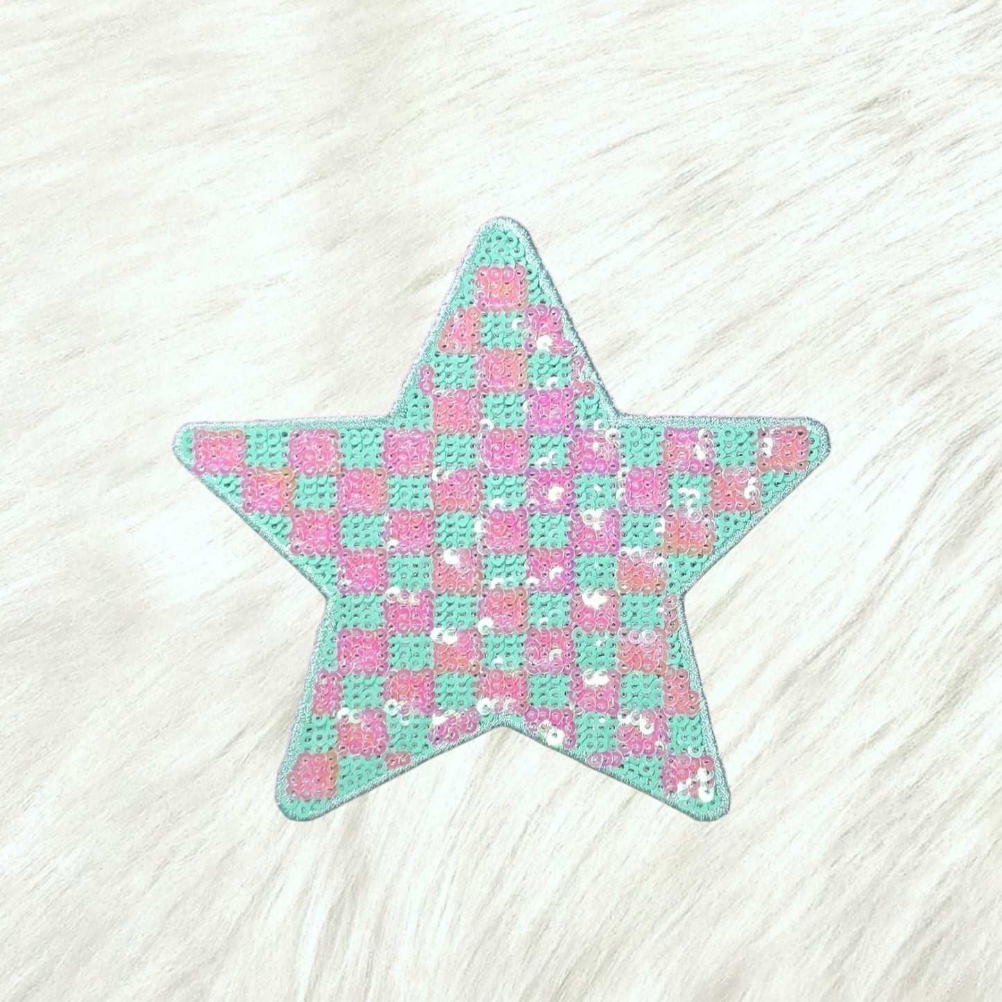Checkered Star Green Pink Sequin Iron On Patch
