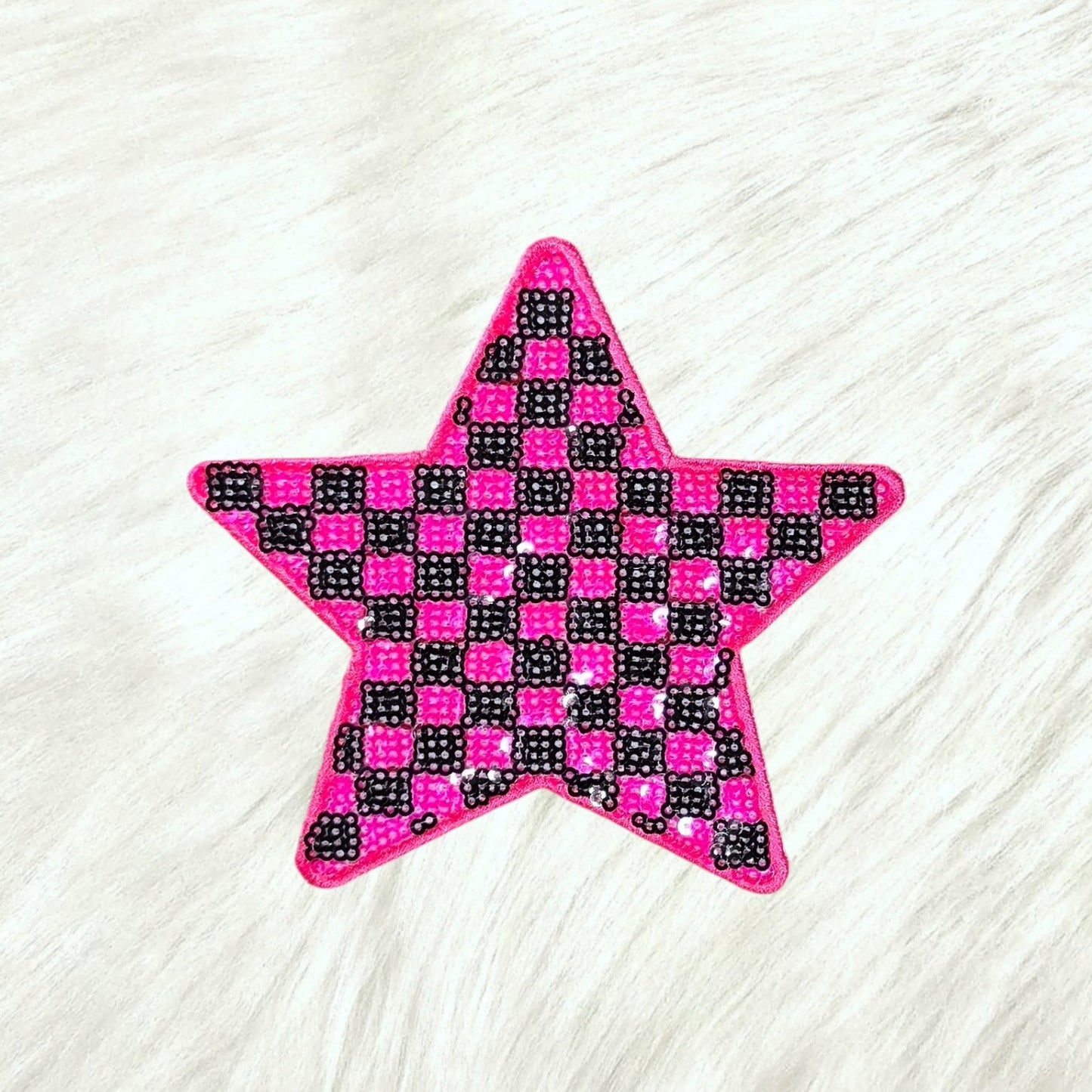 Checkered Star Pink Black Sequin Iron On Patch