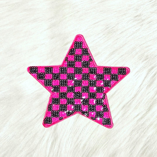 Checkered Star Pink Black Sequin Iron On Patch