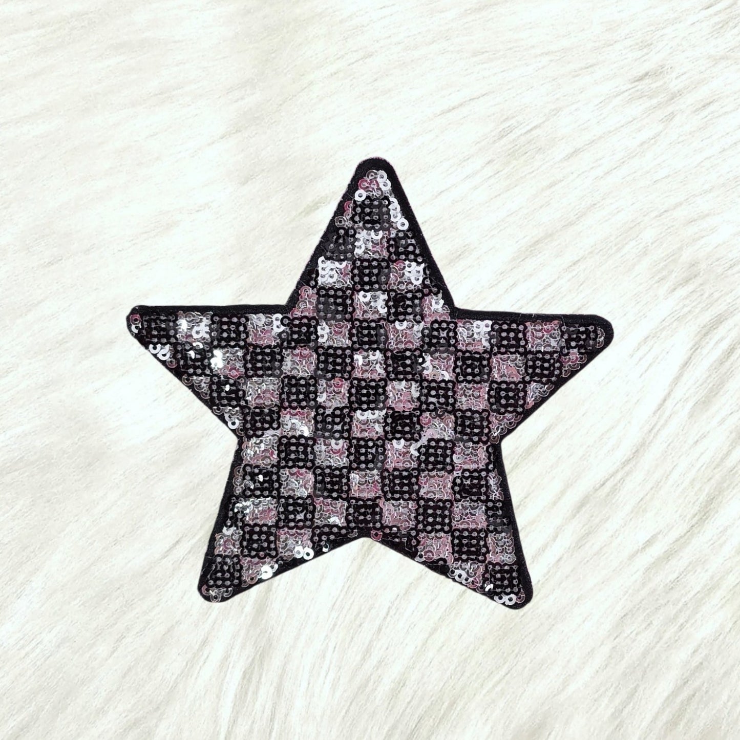 Checkered Star Black Silver Sequin Iron On Patch