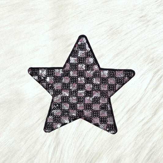 Checkered Star Black Silver Sequin Iron On Patch