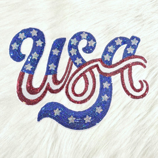 USA Cursive Sequin Large Iron On Patch