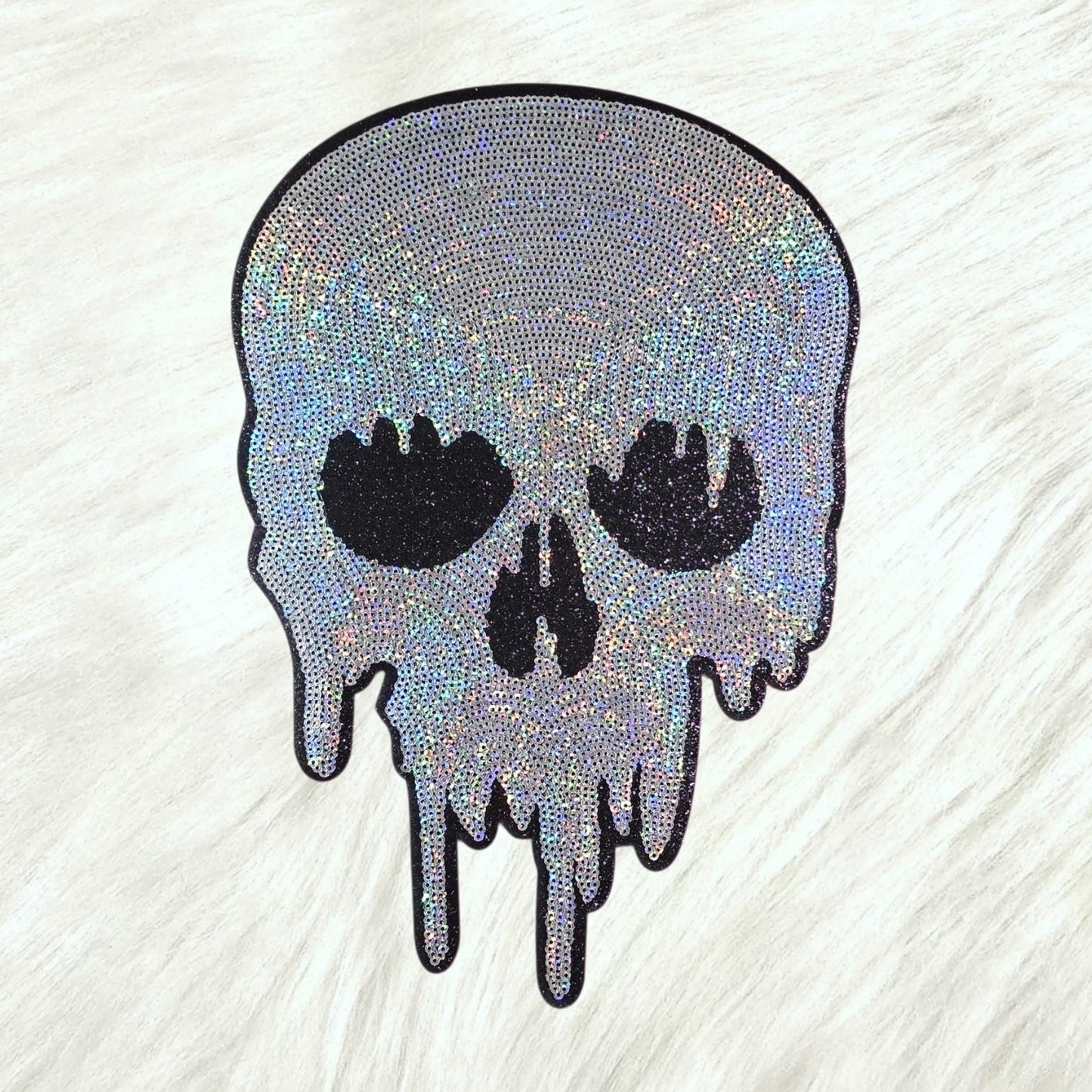 Skull Dripping Sequin on Black Glitter Large Iron on Patch