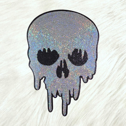 Skull Dripping Sequin on Black Glitter Large Iron on Patch