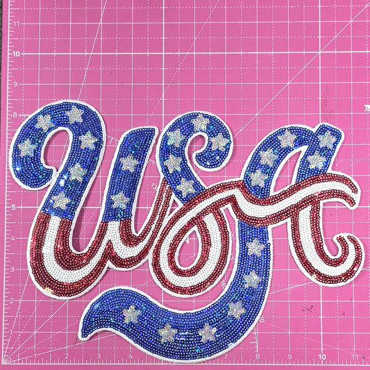 USA Cursive Sequin Large Iron On Patch