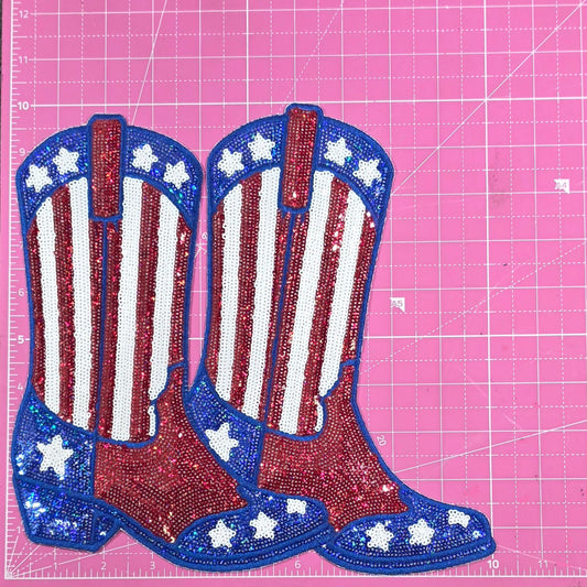 Patriotic USA Boot Sequin Large Iron On Patch
