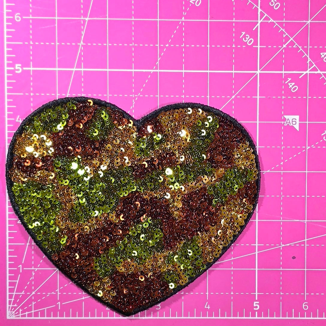 Camouflage Heart Sequin Iron On Patch