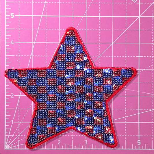 Checkered Star Red Blue Sequin Iron On Patch