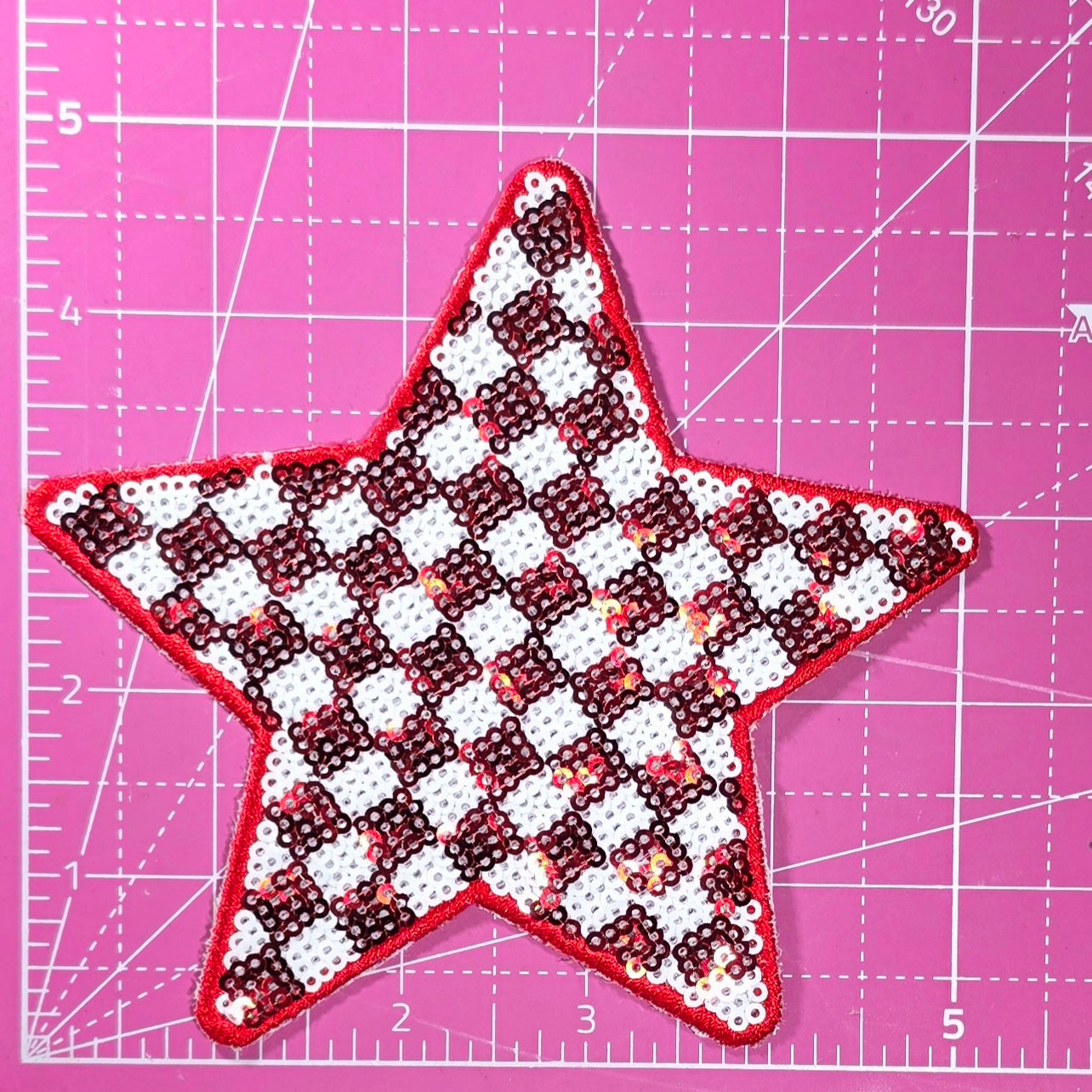 Checkered Star Red White Sequin Iron On Patch