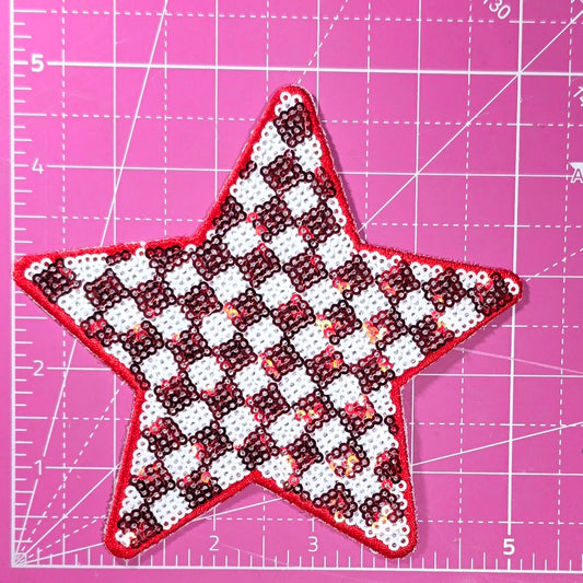 Checkered Star Red White Sequin Iron On Patch