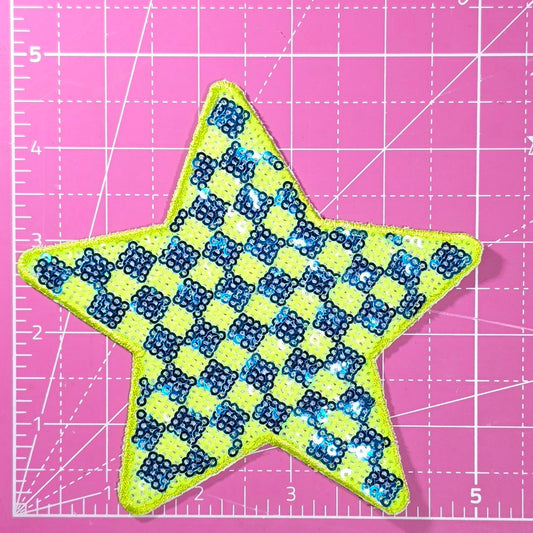 Checkered Star Green Blue Sequin Iron On Patch