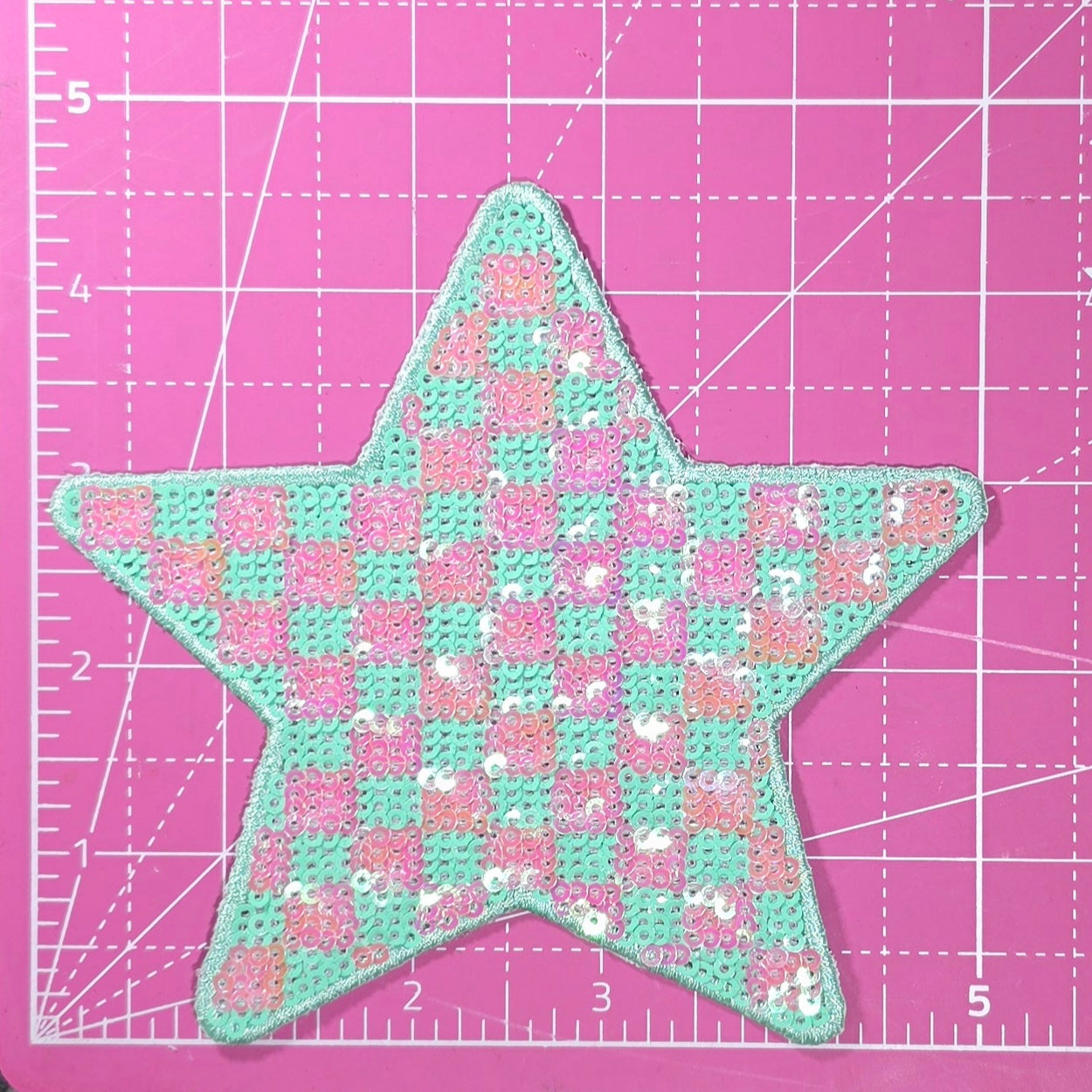 Checkered Star Green Pink Sequin Iron On Patch