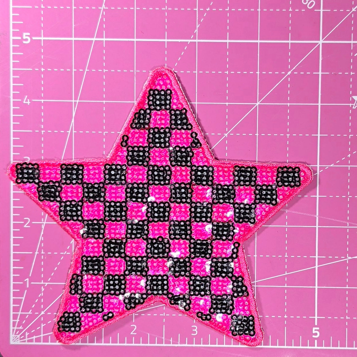 Checkered Star Pink Black Sequin Iron On Patch