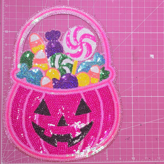Halloween Pumpkin Candy Basket Sequin Large Iron on Patch