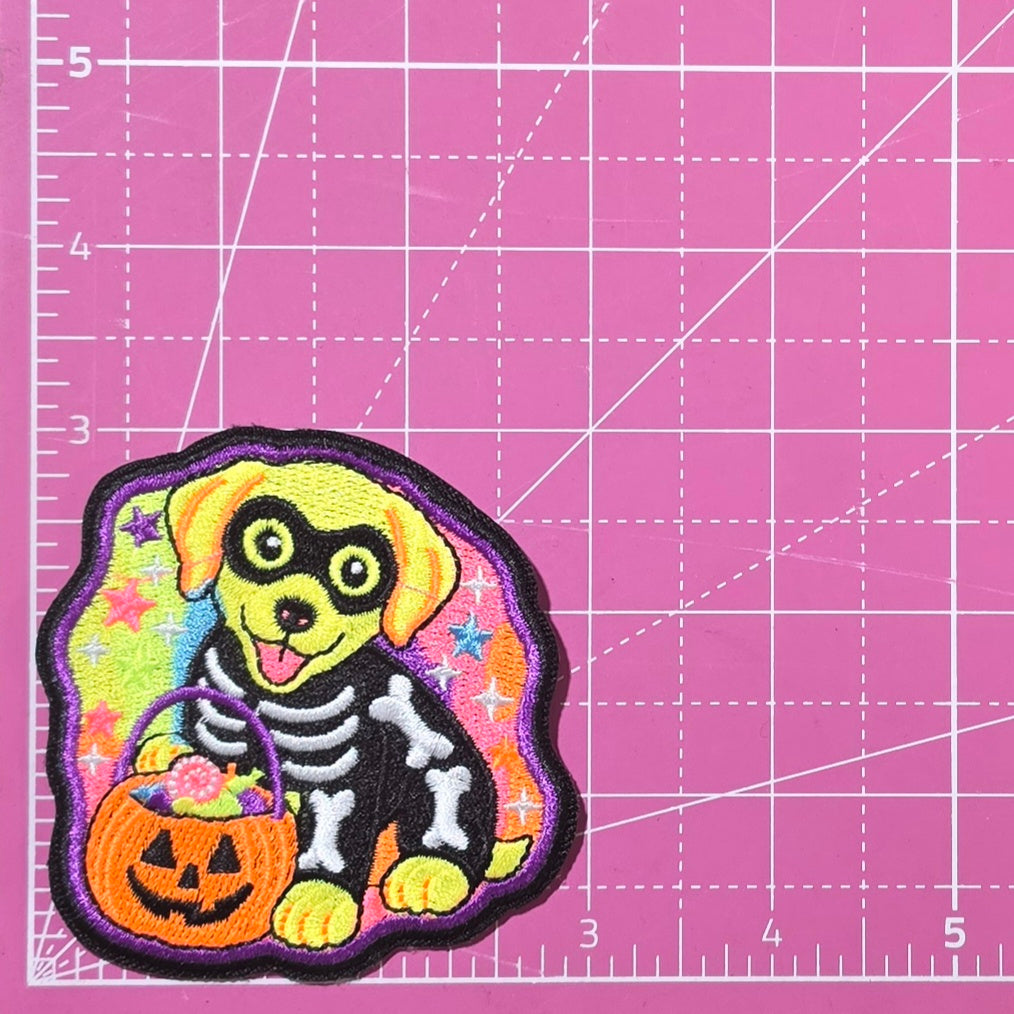 Dog Trick or Treat Skeleton Neon 90's Halloween Iron on Patch