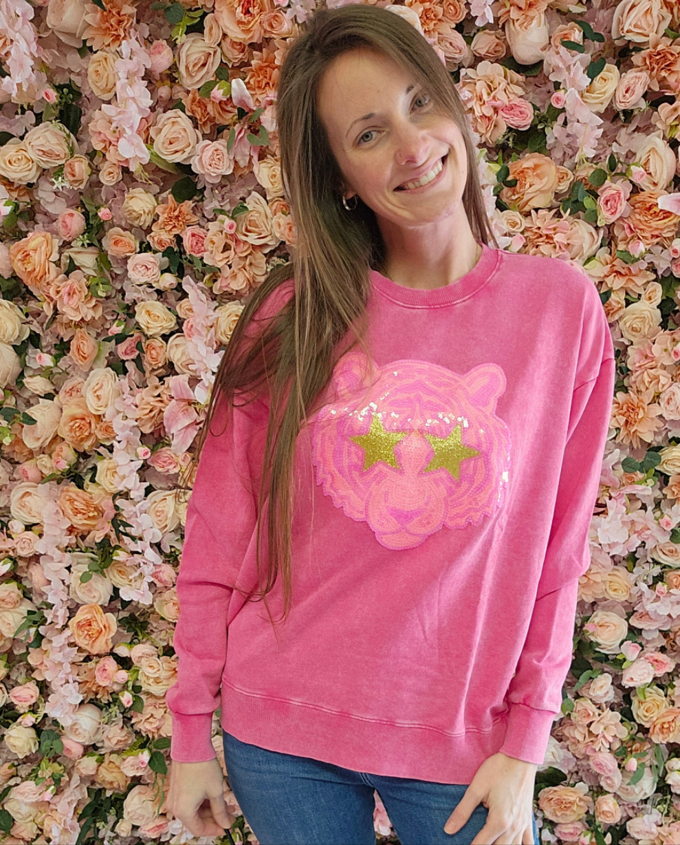 Hot Pink Bulldog Mascot Sequin on Acid Wash Crews by Pretty Preppy Co.