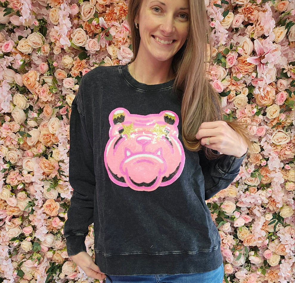 Hot Pink Bulldog Mascot Sequin on Acid Wash Crews by Pretty Preppy Co.