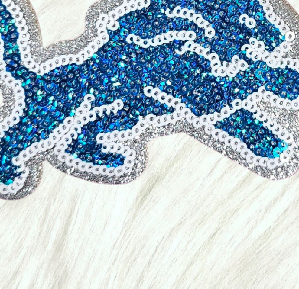 Blue Lion Mascot Sequin with Silver Glitter Small Iron On Patch