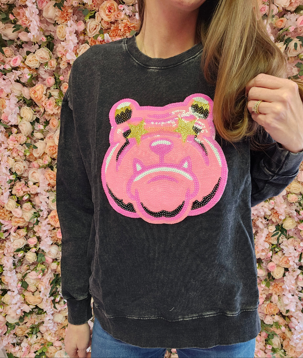 Hot Pink Bulldog Mascot Sequin on Acid Wash Crews by Pretty Preppy Co.