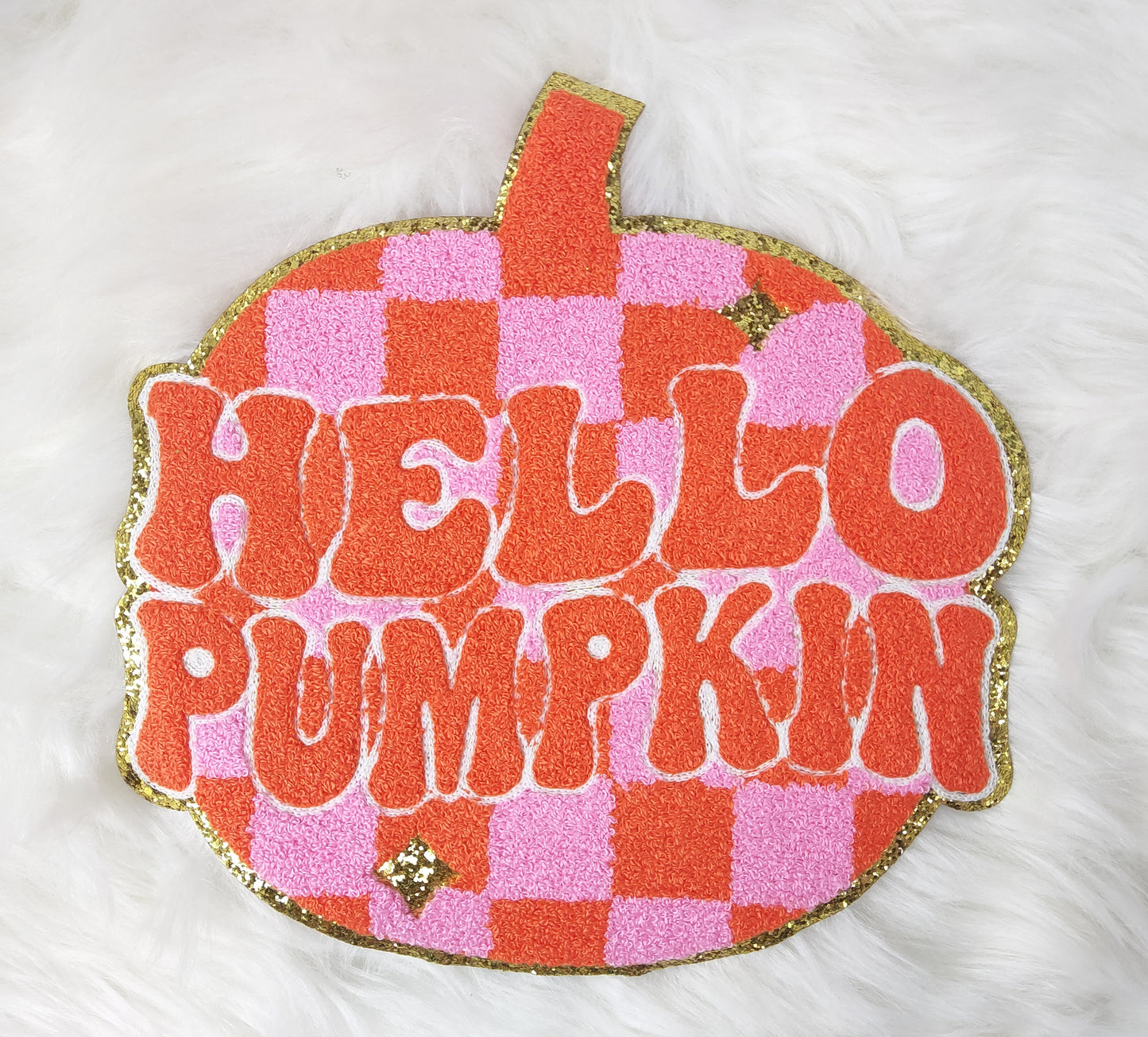 Large Hello Pumpkin and Gold Glitter Iron On Patch