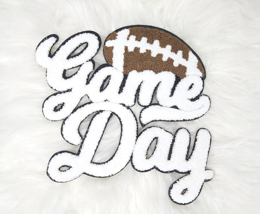 Large White Football Game Day Chenille Iron-on Black Glitter Patch