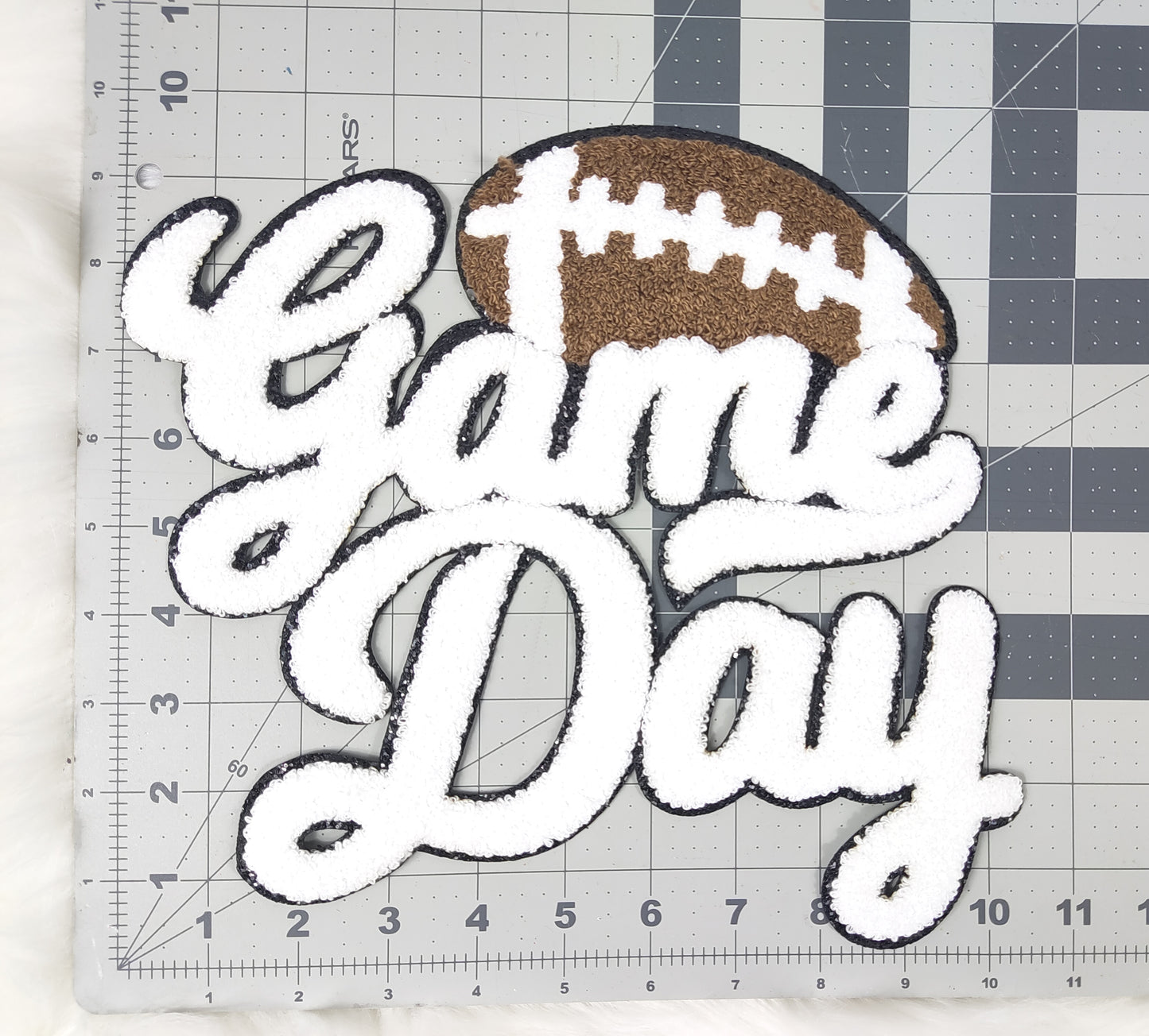 Large White Football Game Day Chenille Iron-on Black Glitter Patch