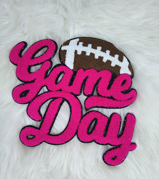 Large Pink Football Game Day Chenille Iron-on Black Glitter Patch