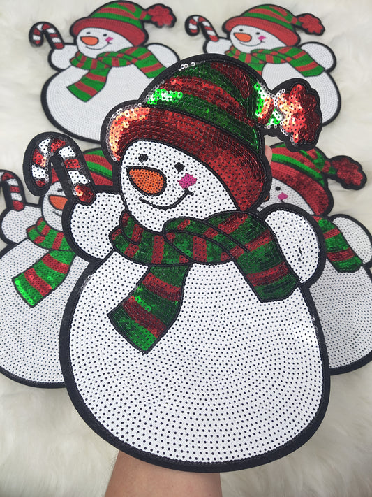 Large Sequin Snowman Iron On Patch