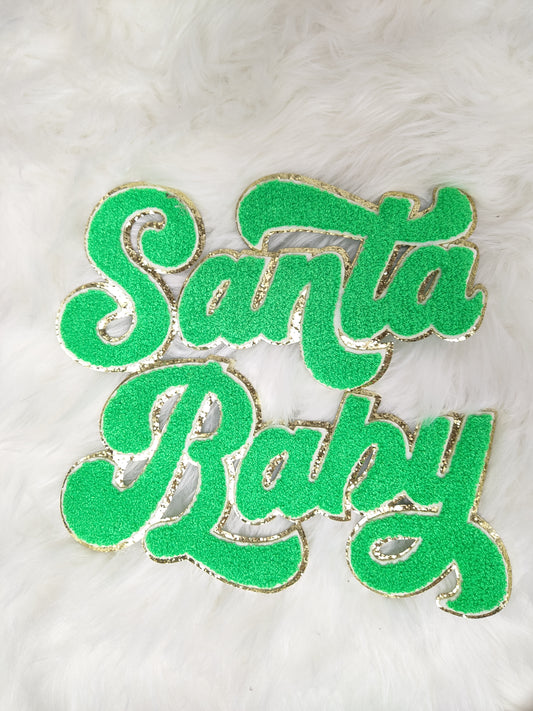 Green Santa Baby Chenille Glitter Iron On Patch