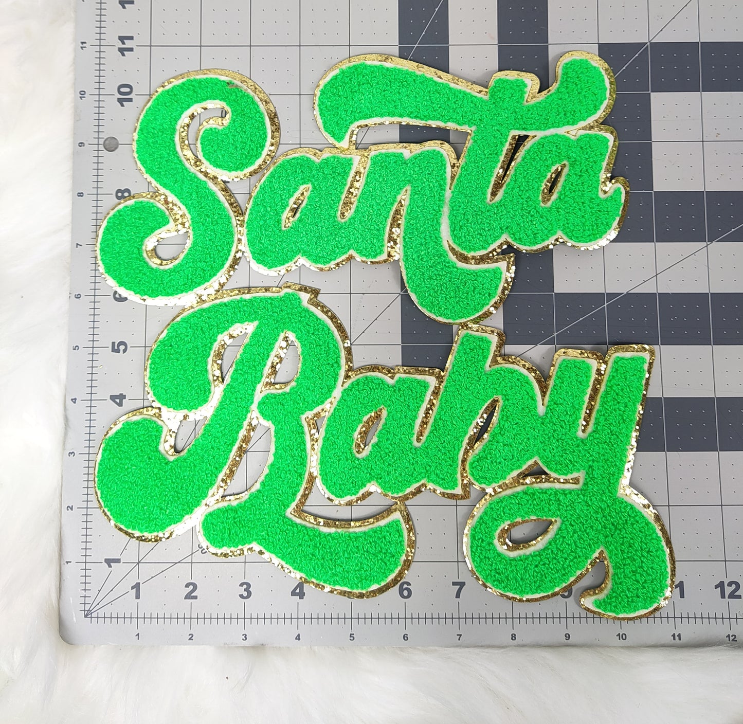 Green Santa Baby Chenille Glitter Iron On Patch