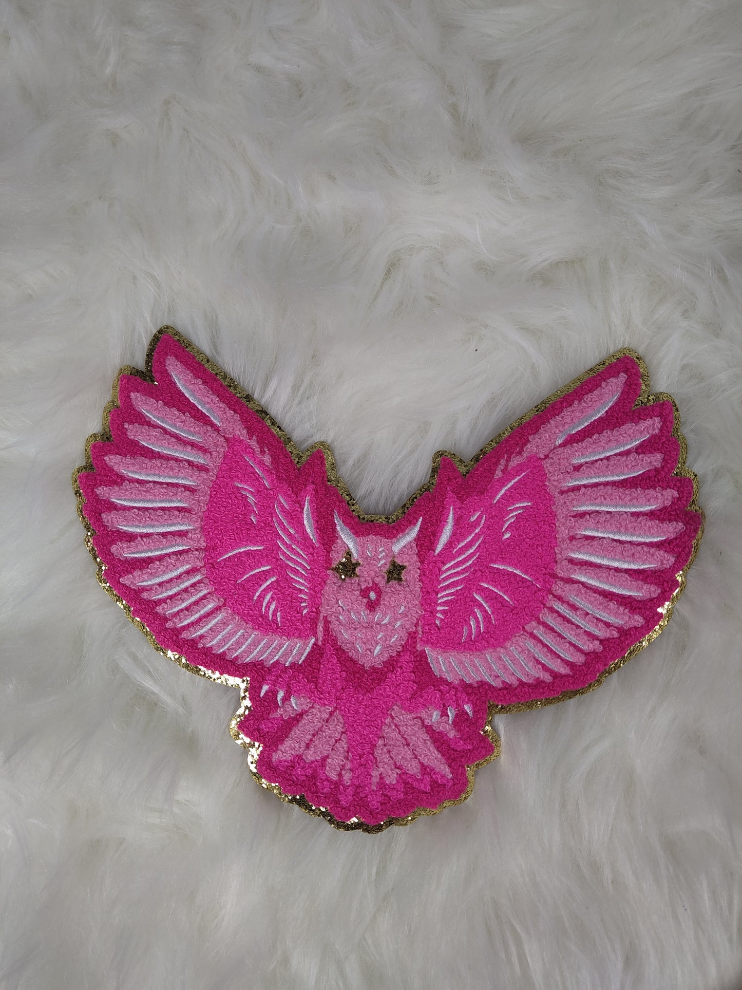 Hot Pink Owl Mascot with Star Eyes Large Chenille Iron-on Patch