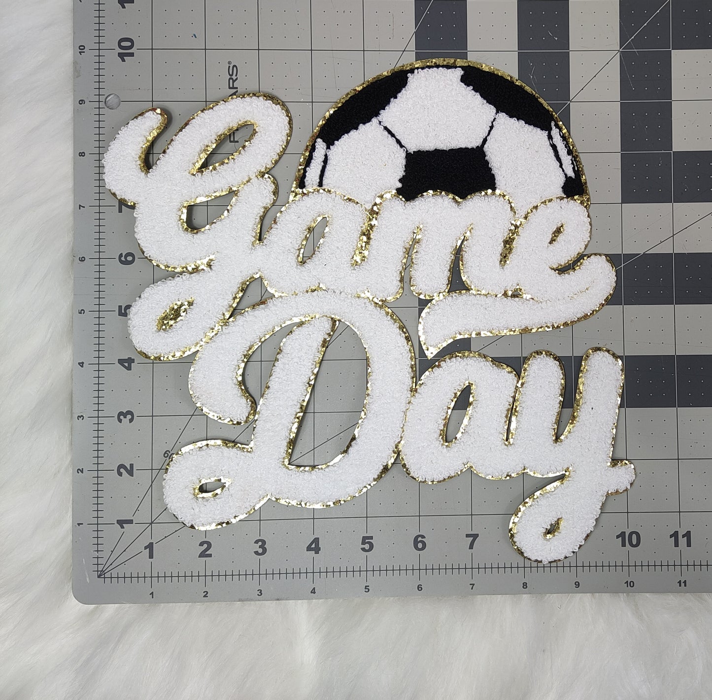 Large White Soccer Game Day Chenille Iron-on Glitter Patch