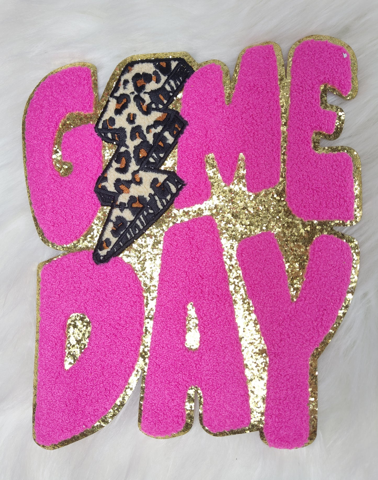 Game Day Cheetah Lightning Bolt Large Chenille Gold Glitter Iron-on Patch