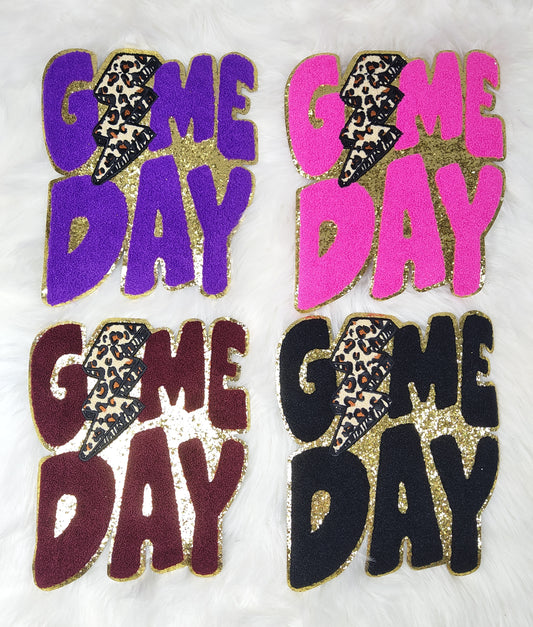 Game Day Cheetah Lightning Bolt Large Chenille Gold Glitter Iron-on Patch