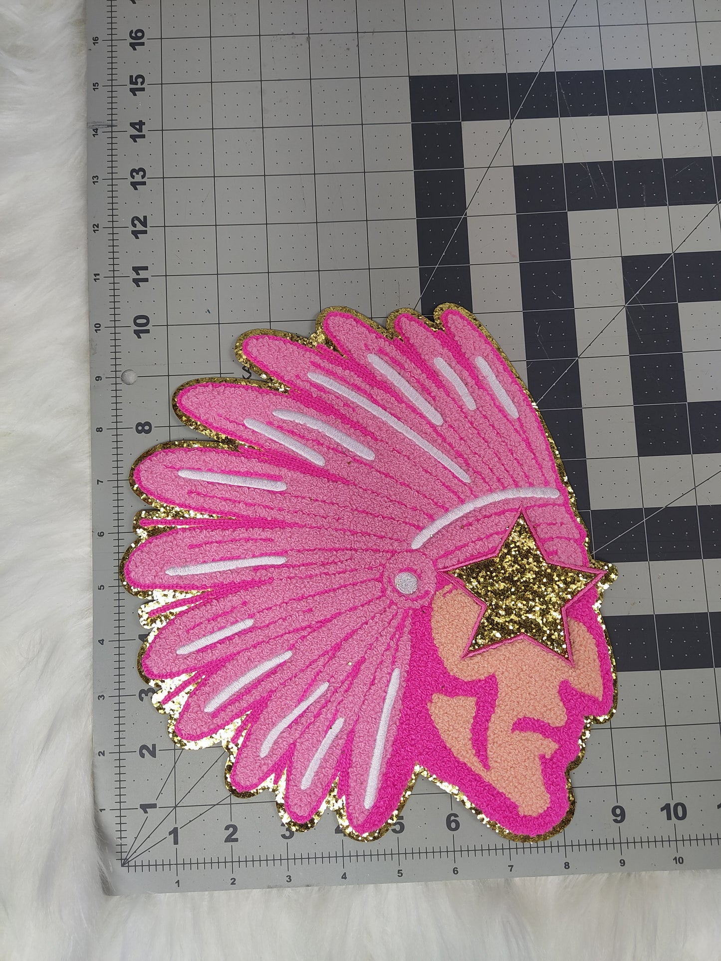 Hot Pink Side Profile Warrior Indian Mascot with Star Eyes Large Chenille Iron-on Patch