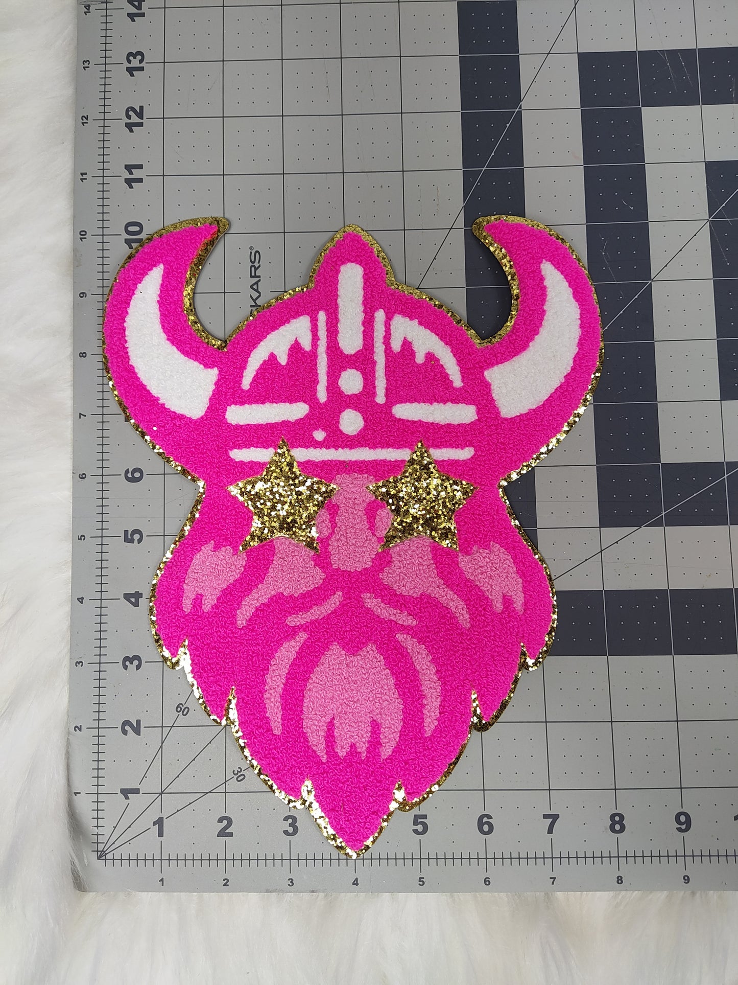 Hot Pink Viking Mascot with Star Eyes Large Chenille Iron-on Patch