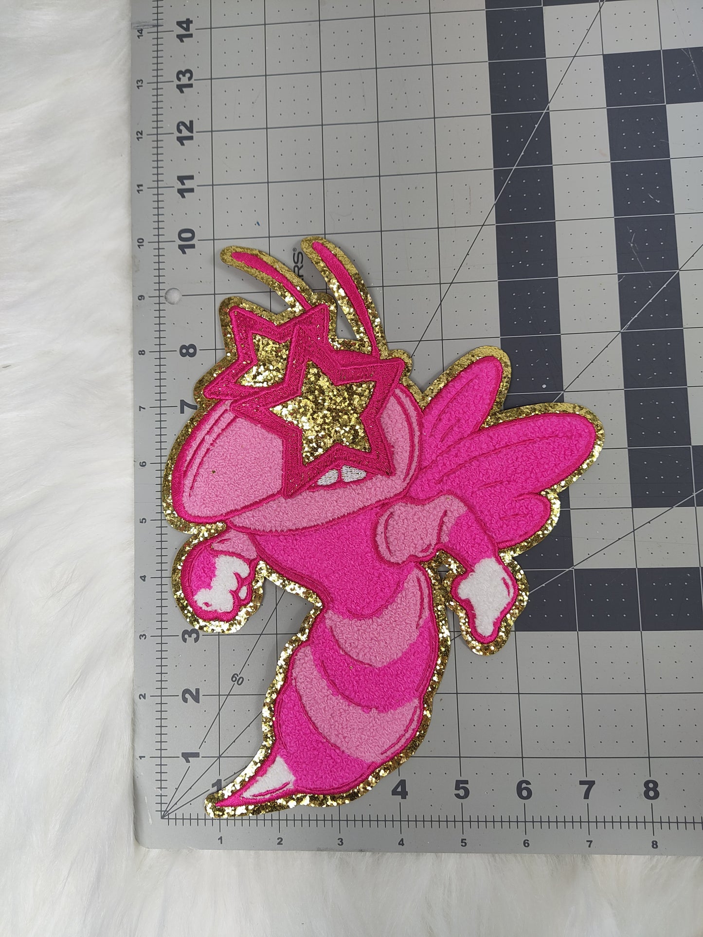 Hot Pink Hornet Bee Wasp Stinger Mascot with Star Eyes Large Chenille Iron-on Patch