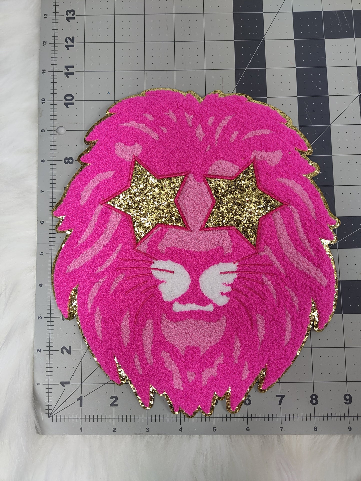 Hot Pink Lion Mascot with Star Eyes Large Chenille Iron-on Patch