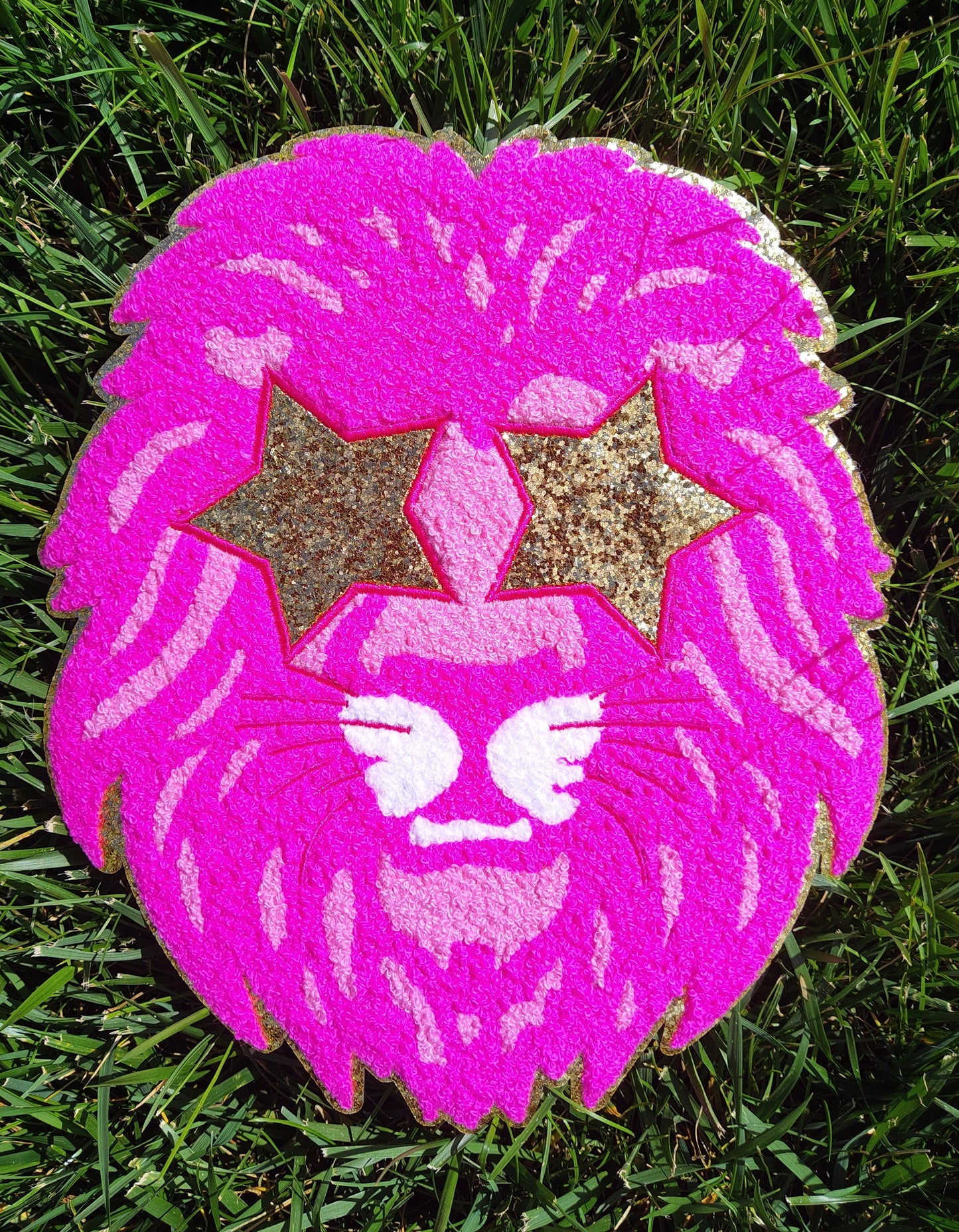 Hot Pink Lion Mascot with Star Eyes Large Chenille Iron-on Patch