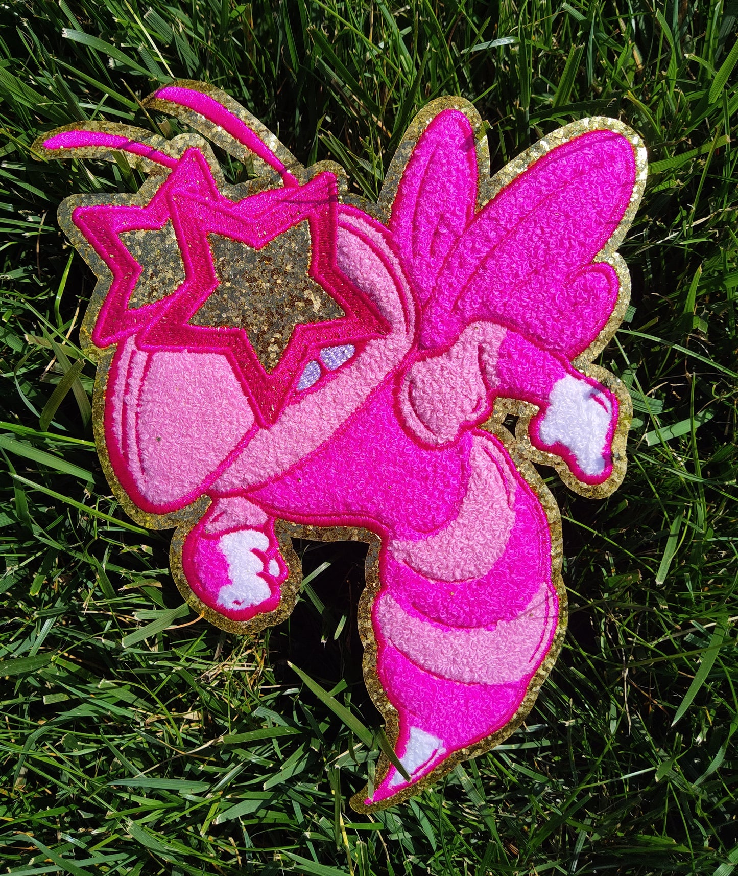 Hot Pink Hornet Bee Wasp Stinger Mascot with Star Eyes Large Chenille Iron-on Patch