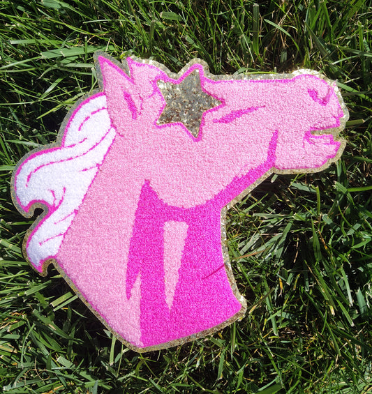 Hot Pink Mustang Horse Bronc Mascot with Star Eyes Large Chenille Iron-on Patch