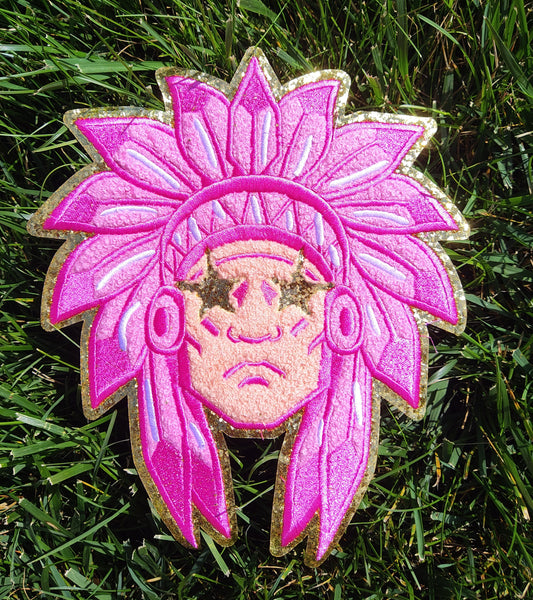 Hot Pink Front Facing Warrior Indian Mascot with Star Eyes Large Chenille Iron-on Patch