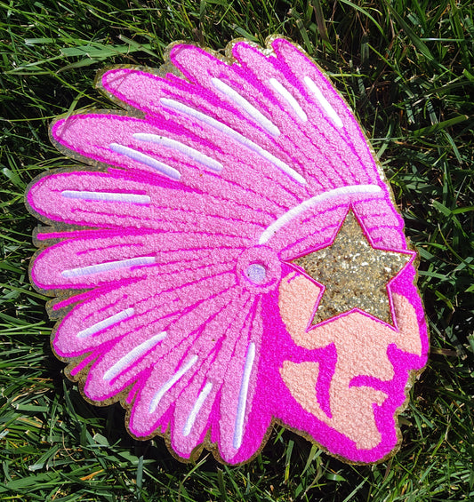 Hot Pink Side Profile Warrior Indian Mascot with Star Eyes Large Chenille Iron-on Patch