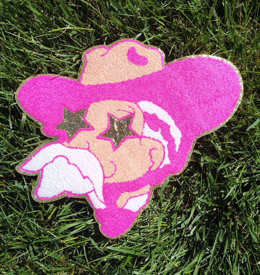 Hot Pink Rebel Reb Mascot with Star Eyes Large Chenille Iron-on Patch