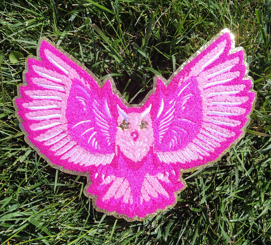 Hot Pink Owl Mascot with Star Eyes Large Chenille Iron-on Patch