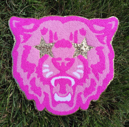 Hot Pink Wildcat Cougar Bobcat Mascot with Star Eyes Large Chenille Iron-on Patch