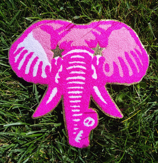 Hot Pink Elephant Mascot with Star Eyes Large Chenille Iron-on Patch